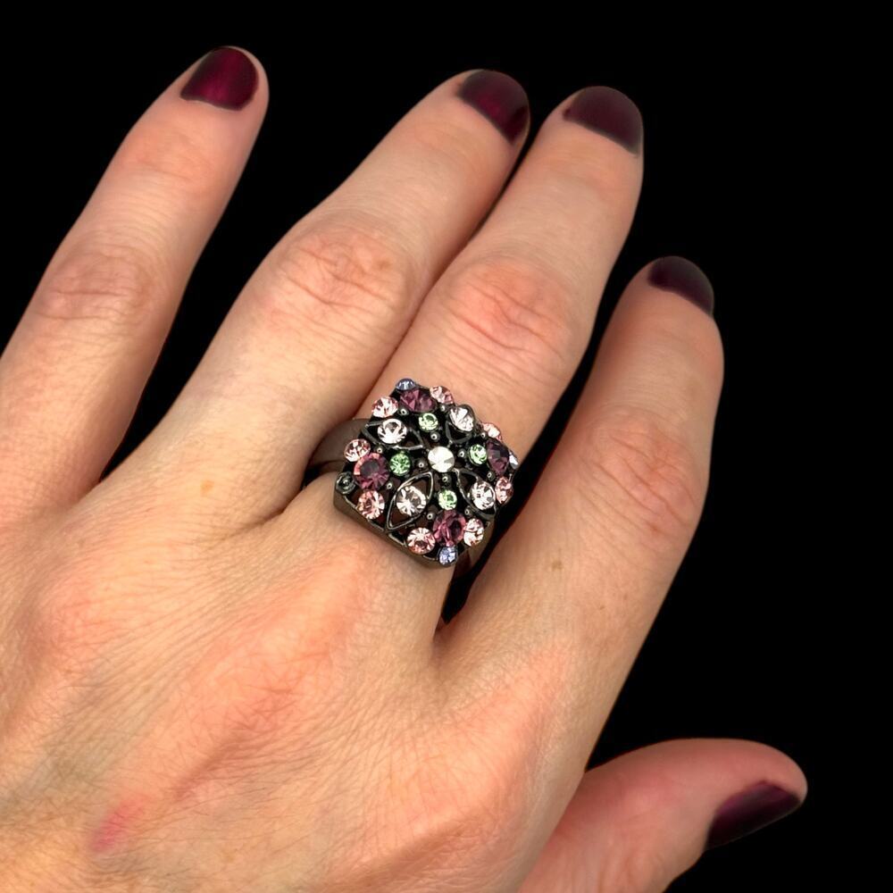 Vintage Cocktail Ring Free People Pave Rhinestone Gunmetal Size 8